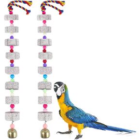 2pcs Large Bird Chew Toy, Parrot Beak Ground Calcium Stone with Safe Bells, Bird Cage Accessories,Cage Toys for Cockatiel Parakeet African Grey Small Animals