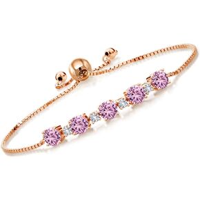 Gem Stone King 18K Rose Gold Plated Silver Pink Created Sapphire and White Created Sapphire Tennis Bracelet For Women (2.95 Cttw, Fully Adjustable Up to 9 Inch)
