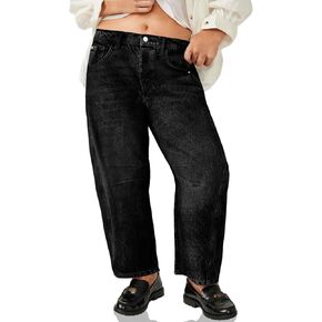 Beautife Womens Plus Size Barrel Jeans Baggy Boyfriend Mid Rise Wide Leg Cropped Ankle Horseshoe Denim Pants
