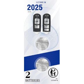 (2 Pack) CR2025 Remote Key FOB Battery Replacement for 2009-2020 Toyota Mazda 3 6 CX-3 CX-5 CX-9 MX-5 Miata Yaris IA Scion Smart KR55WK49383, WAZX1T768SKE11A03, A04