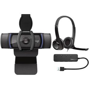 Logitech C920S Pro HD Webcam Bundle with H390 USB Headset with Noise-Canceling Mic and 4-Port USB Hub (3 Items) in Kuwait