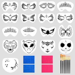 31pcs Face Paint Stencils Kit Includes 17 Reusable Large Face Painting Stencil, 4 Small Stick Paint Templates and 10 Brushes for Kids Party Makeup Body Art Painting Chrismas