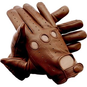 Men Driving Gloves with Knuckle Holes Genuine Sheep Leather Brown