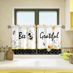 ASPMIZ Bee Short Curtains for Windows, Spring Half Window Curtains for Kitchen, Summer Small Topper Window Curtain for Bedroom/Living Room/Bathroom/Over Sink/Cabinet, 2 Panels Rod Pocket, 26" x 24"