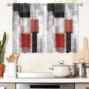 AAtter Red and Black Window Curtains for Kitchen White Grey Gray Abstract Art Aesthetic Small Short Home Living Room Bedroom Bathroom Drapes Treatment Tiers Fabric 1 Pair, 27.5" W x 39" L, Modern