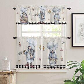 Chef Kitchen Curtains Valance and Tier Set, Kitchen Gnomes Rod Pocket Tier Curtains 24 Inch Length, Black White Buffalo Plaid Small Window Treatment Panel Drape for Kitchen Sink, (54" x 18"+55" x 24")