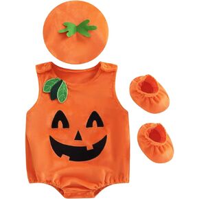 Muasaaluxi Infant Baby Girl Boy Halloween Costumes Sleeveless Pumpkin Romper Tank Top Hat Socks 3Pcs Halloween Outfit