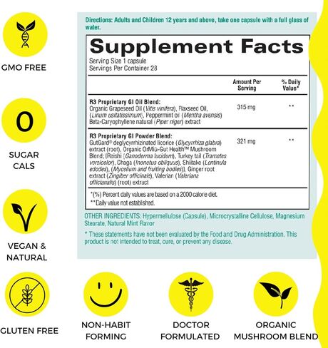 R3SET مكمل غذائي يومي للبروبيوتيك للأمعاء المجهدة لصحة الأمعاء، وحرقة المعدة، والانتفاخ، والغاز - البروبيوتيك المكمل للنساء + الرجال - الزنجبيل، وجذور عرق السوس، ومزيج الفطر العضوي، طبيعي، 28 قطعة in Kuwait