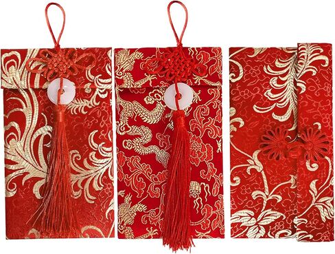 3 pcs Embroidered Red Envelopes, UNIIDECO Chinese Lunar New Year Lai Si Envelope Honhbao, Angpao Gift Wrap Bags Red Lucky Money Pockets for Spring Festival Wedding Birthday, Traditional Decoration in Saudi Arabia