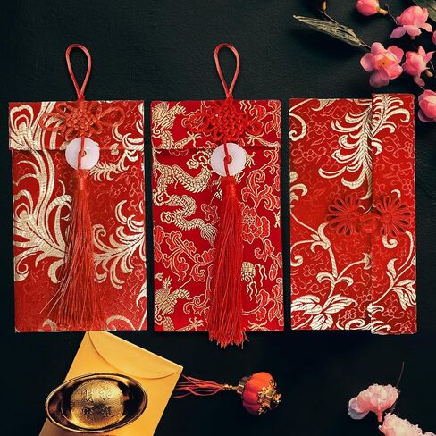 3 pcs Embroidered Red Envelopes, UNIIDECO Chinese Lunar New Year Lai Si Envelope Honhbao, Angpao Gift Wrap Bags Red Lucky Money Pockets for Spring Festival Wedding Birthday, Traditional Decoration in Saudi Arabia