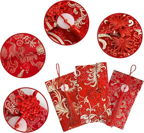 3 pcs Embroidered Red Envelopes, UNIIDECO Chinese Lunar New Year Lai Si Envelope Honhbao, Angpao Gift Wrap Bags Red Lucky Money Pockets for Spring Festival Wedding Birthday, Traditional Decoration in Saudi Arabia