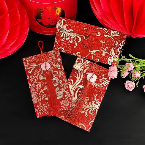 3 pcs Embroidered Red Envelopes, UNIIDECO Chinese Lunar New Year Lai Si Envelope Honhbao, Angpao Gift Wrap Bags Red Lucky Money Pockets for Spring Festival Wedding Birthday, Traditional Decoration in Saudi Arabia