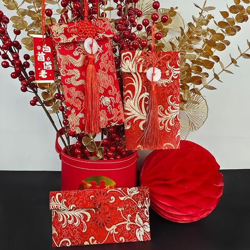 3 pcs Embroidered Red Envelopes, UNIIDECO Chinese Lunar New Year Lai Si Envelope Honhbao, Angpao Gift Wrap Bags Red Lucky Money Pockets for Spring Festival Wedding Birthday, Traditional Decoration in Saudi Arabia