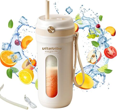 خلاط VitalVibe المحمول، خلاط زجاجة خلاط فواكه صغير، 350 مل مع USB من النوع C قابل لإعادة الشحن، خلاط للمخفوقات والعصائر، 10 شفرات، أبيض، خلاط محمول للمنزل/المكتب/السيارة/المخيم/السفر in Saudi Arabia