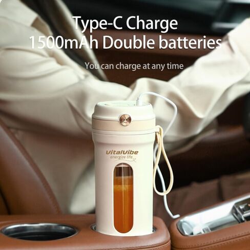 خلاط VitalVibe المحمول، خلاط زجاجة خلاط فواكه صغير، 350 مل مع USB من النوع C قابل لإعادة الشحن، خلاط للمخفوقات والعصائر، 10 شفرات، أبيض، خلاط محمول للمنزل/المكتب/السيارة/المخيم/السفر in Saudi Arabia