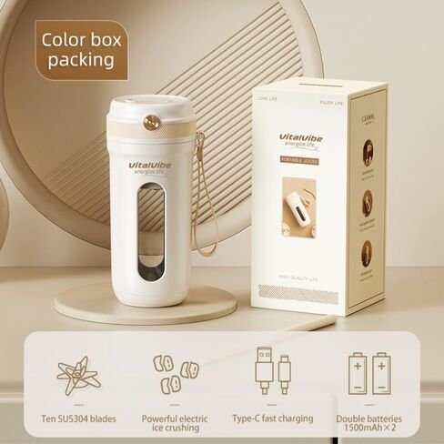 خلاط VitalVibe المحمول، خلاط زجاجة خلاط فواكه صغير، 350 مل مع USB من النوع C قابل لإعادة الشحن، خلاط للمخفوقات والعصائر، 10 شفرات، أبيض، خلاط محمول للمنزل/المكتب/السيارة/المخيم/السفر in Saudi Arabia