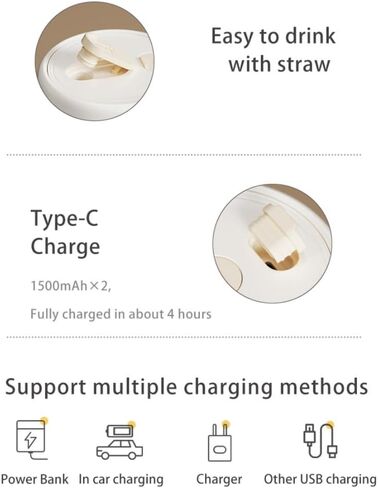 خلاط VitalVibe المحمول، خلاط زجاجة خلاط فواكه صغير، 350 مل مع USB من النوع C قابل لإعادة الشحن، خلاط للمخفوقات والعصائر، 10 شفرات، أبيض، خلاط محمول للمنزل/المكتب/السيارة/المخيم/السفر in Saudi Arabia