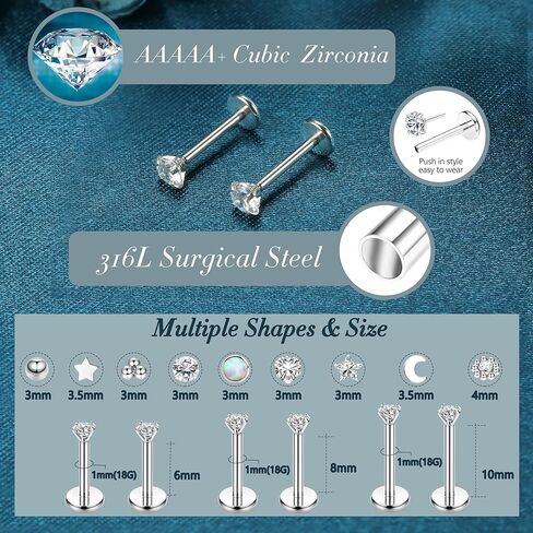 LOLIAS 20G 18G 16G Threadless Nose Studs Rings for Women Men 316L Surgical Steel Push in Flat Back Earrings CZ Lip Labret Nose Rings Studs Cartilage Helix Conch Medusa Nostril Tragus Piercing Jewelry 6mm 8mm 10mm Length in Kuwait