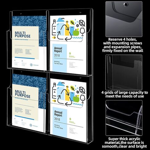 RattanView 2 Pcs 4 Pocket Pamphlet Holder Wall Mount Acrylic Brochure Holder Plastic Trifold Multi Slot Flyer Rack Clear Literature Rack Magazine Literature Display Wall Hanging Organizer for Office in Saudi Arabia