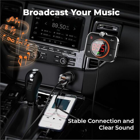 شاحن سيارة FMT2 FM Transmitter - بلوتوث 5.0، منفذ MicroSD، USB ونوع C، QC 3.0، صوت جهير محسن، مكالمات بدون استخدام اليدين، متوافق مع Siri وGoogle Assistant in Kuwait