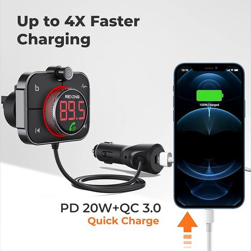 شاحن سيارة FMT2 FM Transmitter - بلوتوث 5.0، منفذ MicroSD، USB ونوع C، QC 3.0، صوت جهير محسن، مكالمات بدون استخدام اليدين، متوافق مع Siri وGoogle Assistant in Kuwait