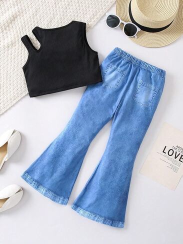 OYOANGLE Girl's 2 Piece Rib Knit Sleeveless Cut Out Crop Tank Top and Bow Front Flared Leg Jeans Pants Set in Saudi Arabia