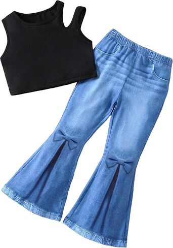 OYOANGLE Girl's 2 Piece Rib Knit Sleeveless Cut Out Crop Tank Top and Bow Front Flared Leg Jeans Pants Set in Saudi Arabia