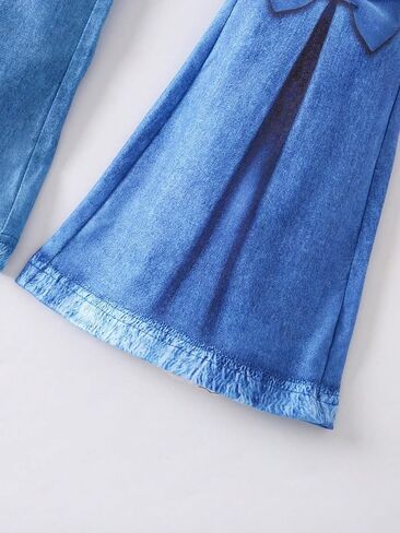 OYOANGLE Girl's 2 Piece Rib Knit Sleeveless Cut Out Crop Tank Top and Bow Front Flared Leg Jeans Pants Set in Saudi Arabia