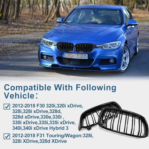 AIVDIG F30 Grille Grill، واقيات شبكة ABS للكلية الأمامية لعام 2012 2013 2014 2015 2016 2017 2018 BMW 3-Series F30 F31 F35 328i 335i 320i 330i 340i (شرائح سوداء لامعة مزدوجة) in Kuwait
