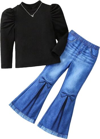 OYOANGLE Girl's 2 Piece Outfits Rib Knit Long Puff Sleeve Tee Top and Bow Front Bell Bottom Long Pants Set in Saudi Arabia