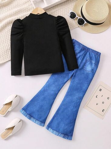 OYOANGLE Girl's 2 Piece Outfits Rib Knit Long Puff Sleeve Tee Top and Bow Front Bell Bottom Long Pants Set in Saudi Arabia