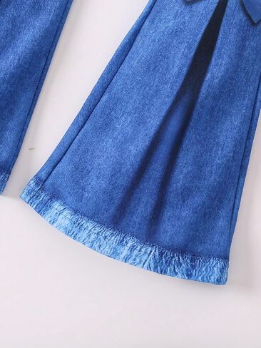 OYOANGLE Girl's 2 Piece Outfits Rib Knit Long Puff Sleeve Tee Top and Bow Front Bell Bottom Long Pants Set in Saudi Arabia