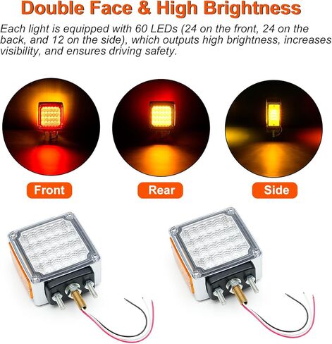 60 مصباح LED مزدوج الوجه من مصابيح الركيزة باللون الكهرماني/الأحمر لإيقاف مقطورة الشاحنة الذيل وأضواء إشارة الانعطاف مع أضواء التخليص المنعكس الجانبي وعدسة واضحة 3 مسامير مثبتة على أضواء العلامات الجانبية in Kuwait