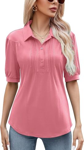 قمصان بولو نسائية بأكمام قصيرة وياقة بأزرار سفلية وبلوزة تونيك كاجوال فضفاضة in Kuwait