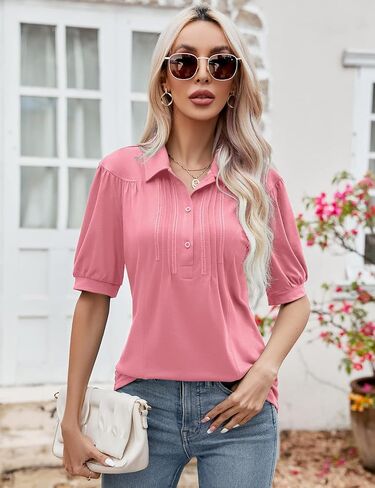 قمصان بولو نسائية بأكمام قصيرة وياقة بأزرار سفلية وبلوزة تونيك كاجوال فضفاضة in Kuwait