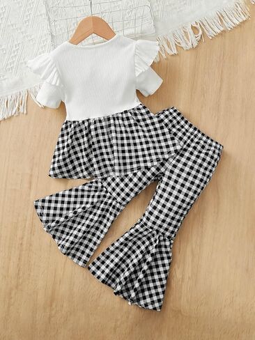 OYOANGLE Girl's 2 Pieces Outfits Graphic Print Rib Knit Short Sleeve Ruffle Trim Peplum Top and Flared Leg Pants Set in Saudi Arabia
