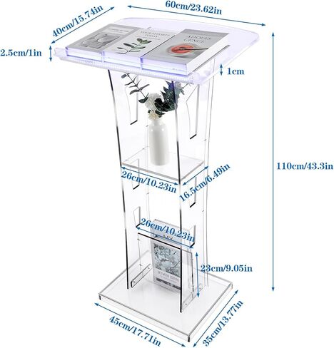 حامل منصة أكريليك مع ضوء LED، منصة شفافة مع رف تخزين، منبر محمول للكنيسة وحفلات الزفاف والفصول الدراسية ونمط الوقوف على الأرض، قمة مائلة in Kuwait