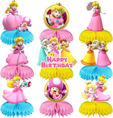 9 Pcs Princess Pea-ch Theme Honeycomb Centerpieces Table Decorations, Cute Princess Pea-ch Birthday Party Supplies for Girls Boys, Princess 3D Double Side Centerpiece Table Decorations in Saudi Arabia