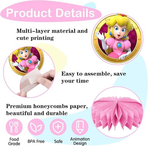 9 Pcs Princess Pea-ch Theme Honeycomb Centerpieces Table Decorations, Cute Princess Pea-ch Birthday Party Supplies for Girls Boys, Princess 3D Double Side Centerpiece Table Decorations in Saudi Arabia