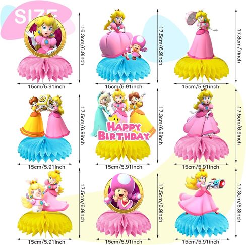 9 Pcs Princess Pea-ch Theme Honeycomb Centerpieces Table Decorations, Cute Princess Pea-ch Birthday Party Supplies for Girls Boys, Princess 3D Double Side Centerpiece Table Decorations in Saudi Arabia
