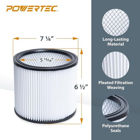 مرشحات فراغ متجر POWERTEC البديلة لمتجر Vac 90304، 90350، 90333، 903-04-00، 9030400، فلتر فراغ متجر خرطوشة لمتجر Vac معظم 5 جالون وما فوق المكانس الرطبة/الجافة، حزمة واحدة (75080) in Saudi Arabia