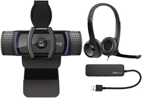 حزمة كاميرا ويب Logitech C920S Pro HD مع سماعة رأس USB H390 مع ميكروفون لإلغاء الضوضاء ومحور USB ذو 4 منافذ (3 عناصر) in Kuwait