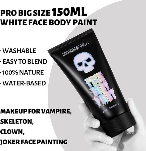 BOBISUKA 150ml Oil-Based White Face Body Paint Cream, 5.2Oz PRO Large Tube Clown White Washable Makeup Skull Joker Skeleton Face Painting for SFX Cosplay Halloween Costume Makeup Foundation in Saudi Arabia