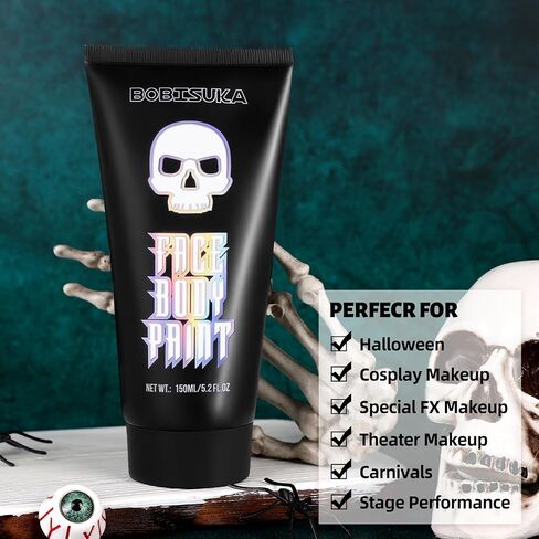 BOBISUKA 150ml Oil-Based White Face Body Paint Cream, 5.2Oz PRO Large Tube Clown White Washable Makeup Skull Joker Skeleton Face Painting for SFX Cosplay Halloween Costume Makeup Foundation in Saudi Arabia