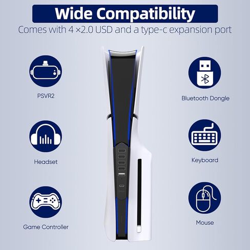 YUANHOT USB Hub لجهاز PS5 Slim، محول موسع منفذ USB عالي السرعة مع 4 منافذ توسيع بيانات USB ومنفذ شحن USB واحد ومنفذ واحد من النوع C متوافق مع قرص Playstation 5 النحيف/الإصدار الرقمي in Kuwait