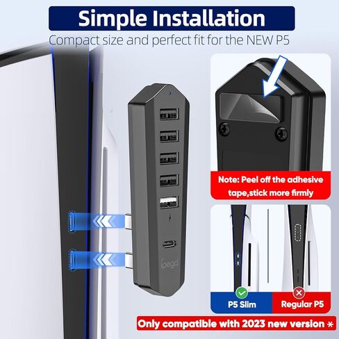 YUANHOT USB Hub لجهاز PS5 Slim، محول موسع منفذ USB عالي السرعة مع 4 منافذ توسيع بيانات USB ومنفذ شحن USB واحد ومنفذ واحد من النوع C متوافق مع قرص Playstation 5 النحيف/الإصدار الرقمي in Kuwait