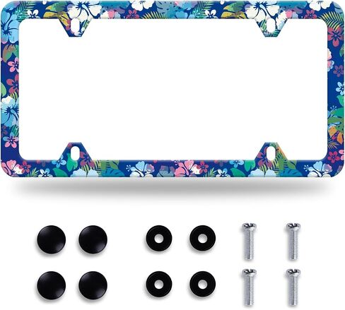 Blue Hibiscus License Plate Frame Colorful Floral License Plate Frames Stainless Steel Accessories Cars Decor with 4 Holes and Screws Fits Standard US CA Vehicles Size 12.2 x 6 Inches in Saudi Arabia