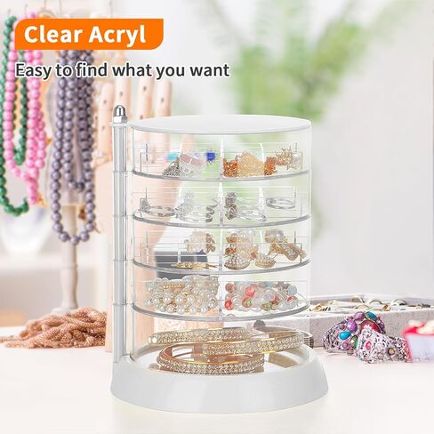 منظم مجوهرات LETURE، صندوق مجوهرات صغير، أقراط وقلادات وأساور وحامل عرض منظم تخزين للفتيات والنساء (5 طبقات بيضاء) in Kuwait