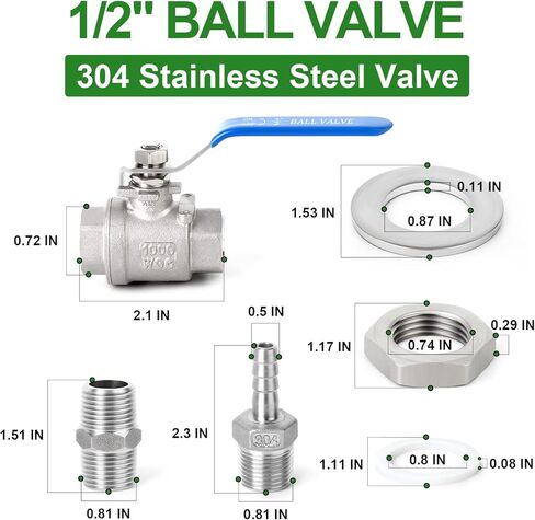 TAISHER 304 الفولاذ المقاوم للصدأ 1/2 "NPT مجموعة صمامات كروية كاملة التحمل مع حشوات الحاجز والحلمة وتركيب خرطوم بار in Kuwait