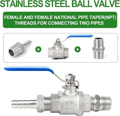 TAISHER 304 الفولاذ المقاوم للصدأ 1/2 "NPT مجموعة صمامات كروية كاملة التحمل مع حشوات الحاجز والحلمة وتركيب خرطوم بار in Kuwait